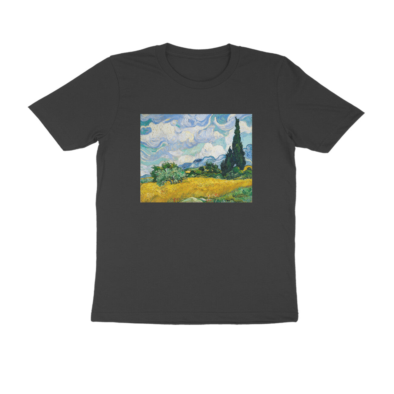 Round neck T-shirt - "Wheat Field with Cypresses" by Van Gogh