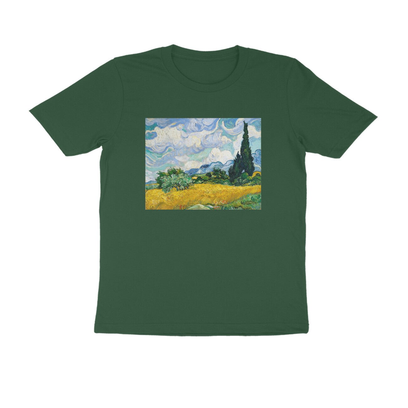 Round neck T-shirt - "Wheat Field with Cypresses" by Van Gogh