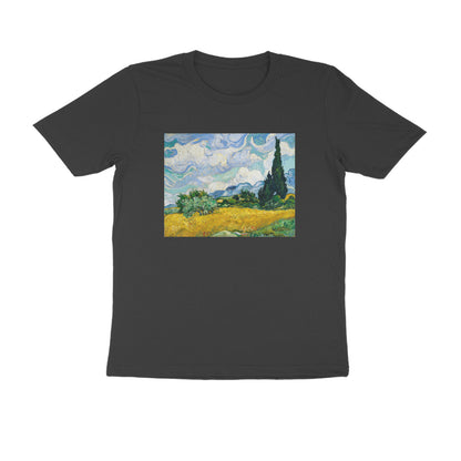 Round neck T-shirt - "Wheat Field with Cypresses" by Van Gogh