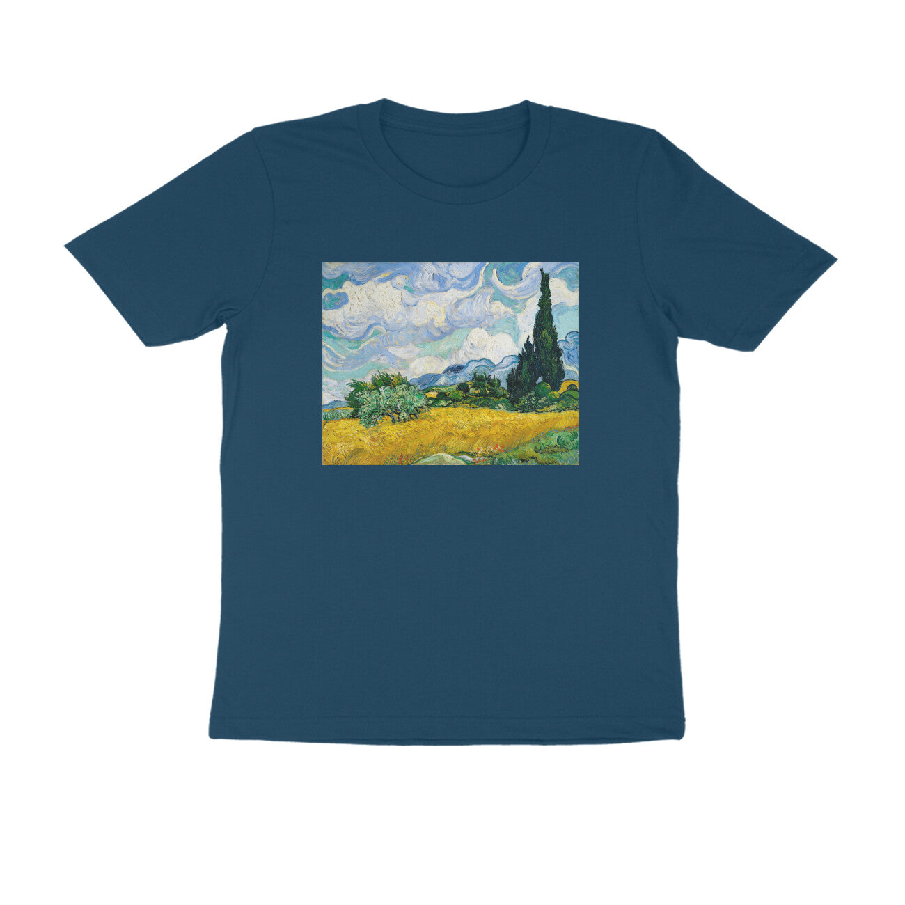 Round neck T-shirt - "Wheat Field with Cypresses" by Van Gogh