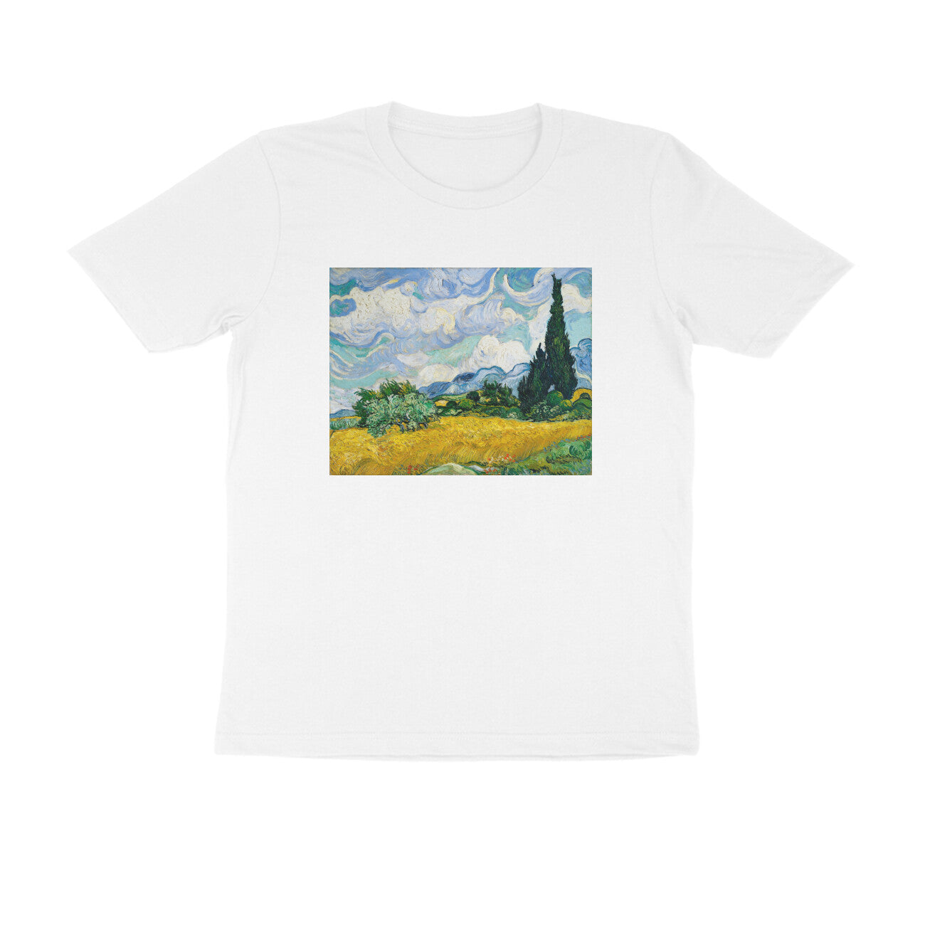Round neck T-shirt - "Wheat Field with Cypresses" by Van Gogh