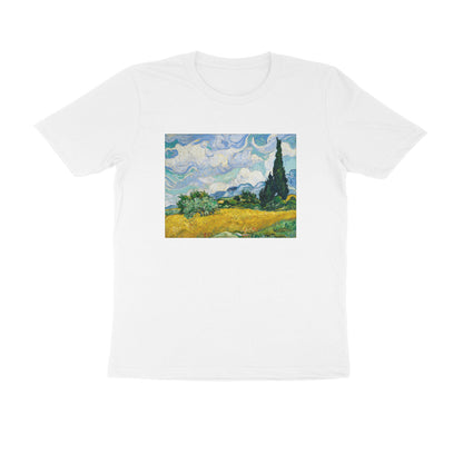 Round neck T-shirt - "Wheat Field with Cypresses" by Van Gogh